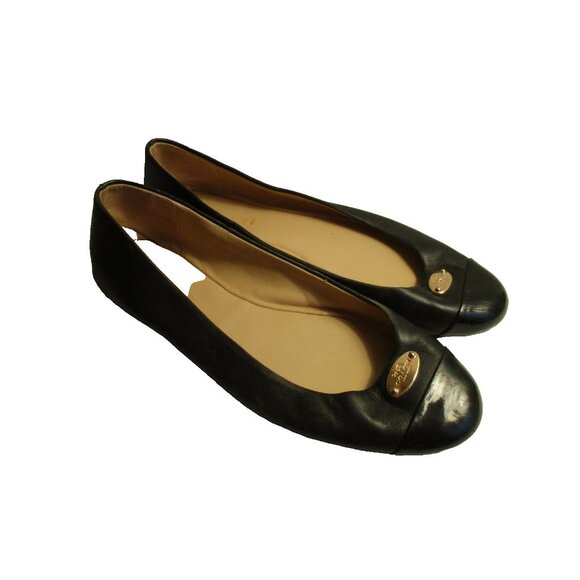*COACH Black Leather Patent Toe Flats Goldtone Medallion - 8.5B - Picture 2 of 9